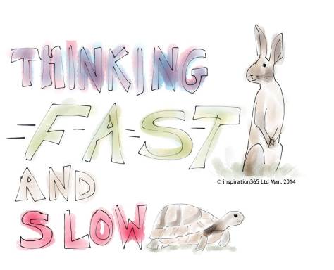 Thinking fast and slow as text with hare and tortoise pictures